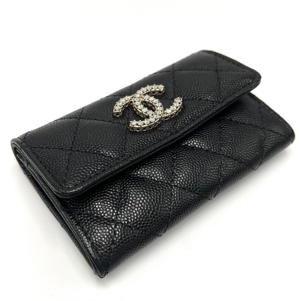 【開店SALE】 CHANEL シャネル コインケース 25SS カードケース マトラッセ ココマーク 小銭入れ 小物 AP3400 キャビアスキン ラインストーン ブラック 黒 ゴールド金具 レディース【中古品】