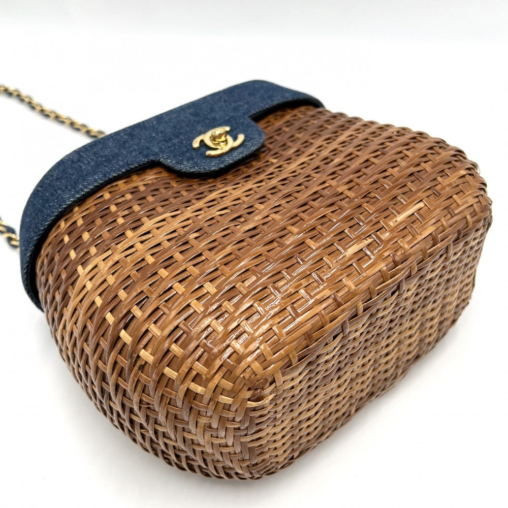 CHANEL シャネル ショルダーバッグ かごバッグ チェーンショルダー ココマーク ターンロック ストロー デニム ブラウン 茶 インディゴ ゴールド金具 レディース【中古品】