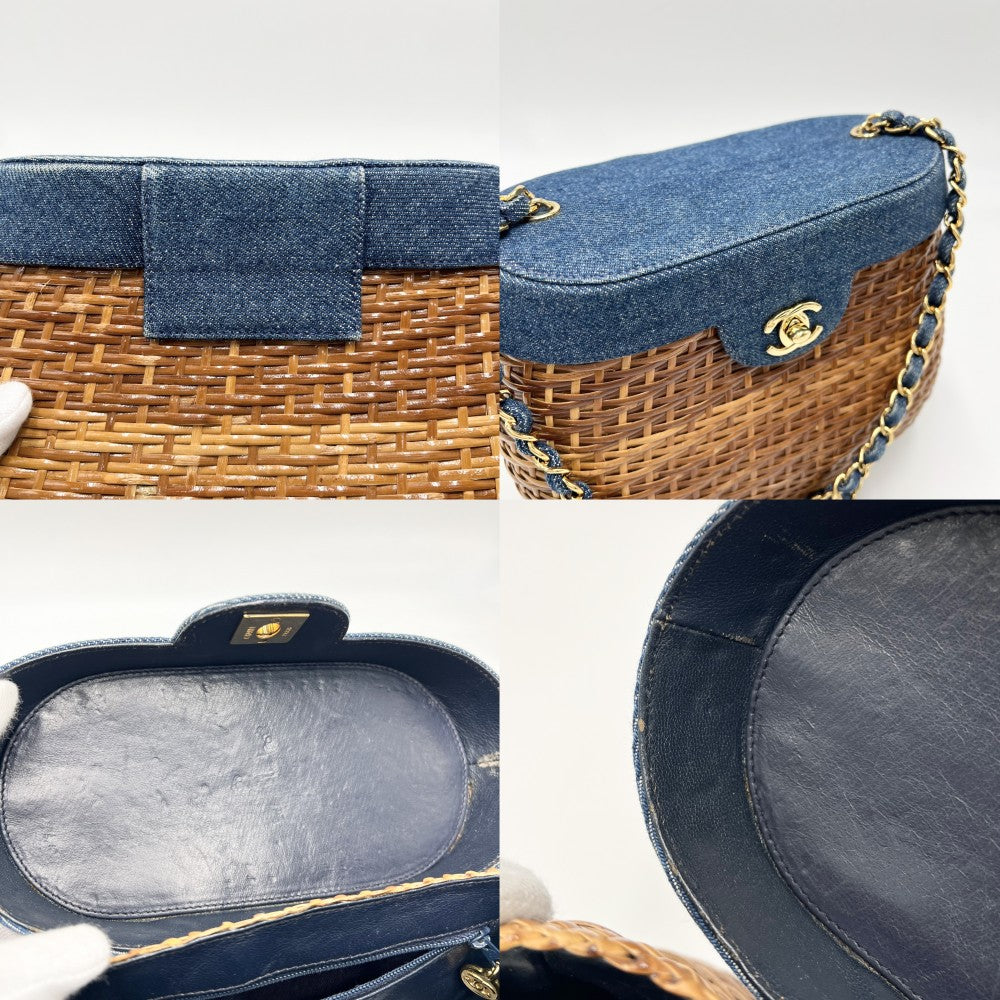 CHANEL シャネル ショルダーバッグ かごバッグ チェーンショルダー ココマーク ターンロック ストロー デニム ブラウン 茶 インディゴ ゴールド金具 レディース【中古品】