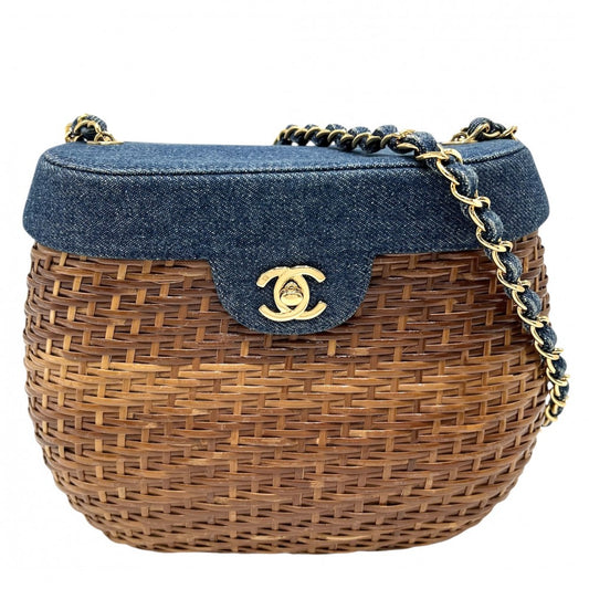 CHANEL シャネル ショルダーバッグ かごバッグ チェーンショルダー ココマーク ターンロック ストロー デニム ブラウン 茶 インディゴ ゴールド金具 レディース【中古品】
