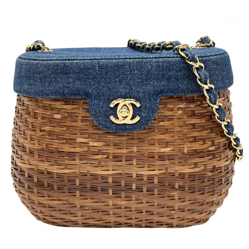 CHANEL シャネル ショルダーバッグ かごバッグ チェーンショルダー ココマーク ターンロック ストロー デニム ブラウン 茶 インディゴ ゴールド金具 レディース【中古品】