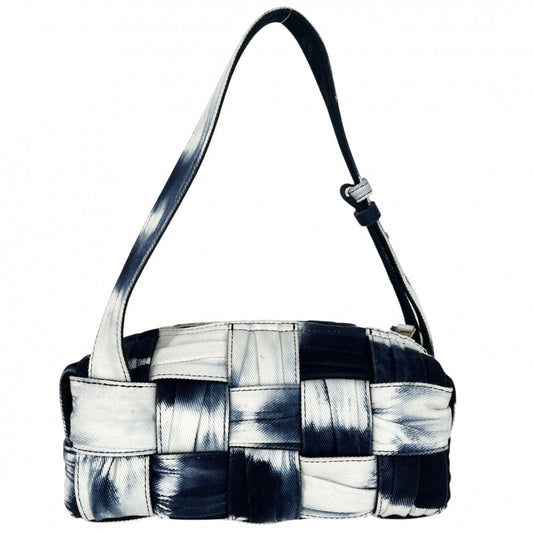 【開店SALE】 BOTTEGAVENETA ボッテガヴェネタ ショルダーバッグ マキシイントレチャート スモール ブリック カセット デニム ネイビー 紺 ホワイト 白 ゴールド金具 レディース【中古品】