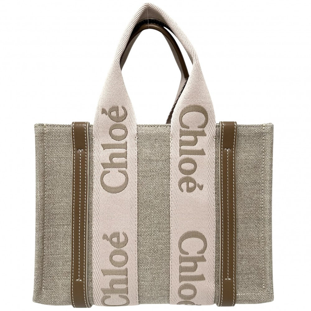 【開店SALE】 Chloe クロエ 2WAY WOODY　ウッディ スモールトートバッグ ハンドバッグ ショルダーバッグ CHC23AS397L1726Y リネンキャンバス カーフスキン ベージュ ブラウン 茶 ゴールド金具 レディース【中古品】