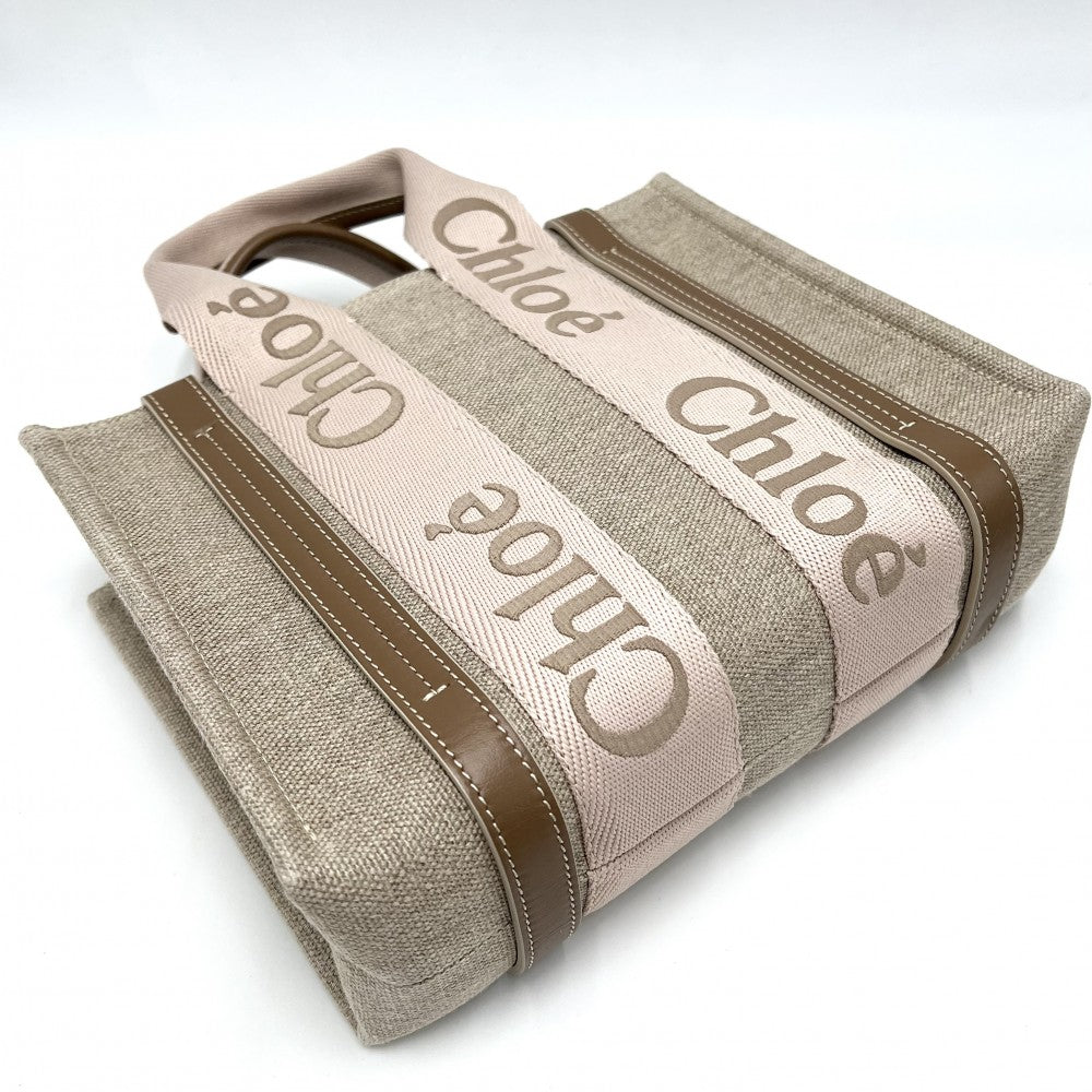 【開店SALE】 Chloe クロエ 2WAY WOODY　ウッディ スモールトートバッグ ハンドバッグ ショルダーバッグ CHC23AS397L1726Y リネンキャンバス カーフスキン ベージュ ブラウン 茶 ゴールド金具 レディース【中古品】
