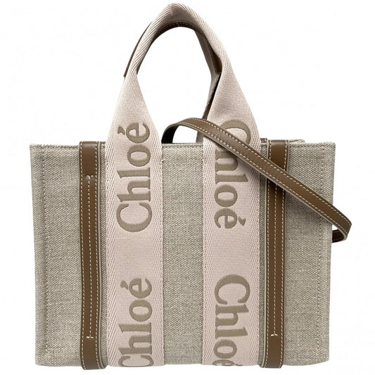 【開店SALE】 Chloe クロエ 2WAY WOODY　ウッディ スモールトートバッグ ハンドバッグ ショルダーバッグ CHC23AS397L1726Y リネンキャンバス カーフスキン ベージュ ブラウン 茶 ゴールド金具 レディース【中古品】