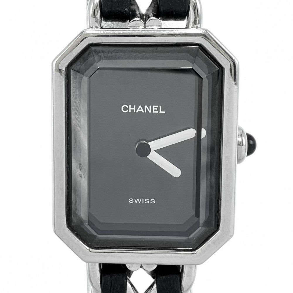 【開店SALE】 CHANEL シャネル 腕時計 プルミエールL ウォッチ 電池式 黒文字盤 SS QZ クオーツ ステンレススチール レザー シルバー ブラック 黒 レディース【中古品】