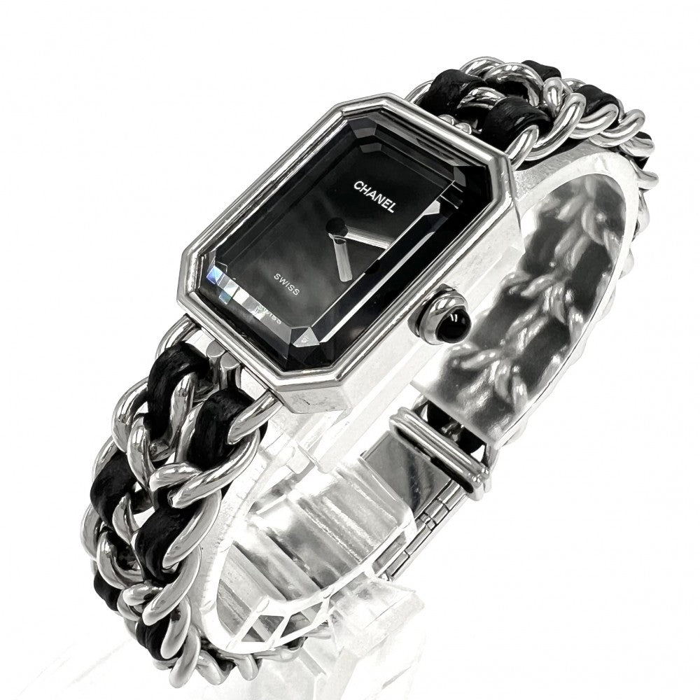 【開店SALE】 CHANEL シャネル 腕時計 プルミエールL ウォッチ 電池式 黒文字盤 SS QZ クオーツ ステンレススチール レザー シルバー ブラック 黒 レディース【中古品】