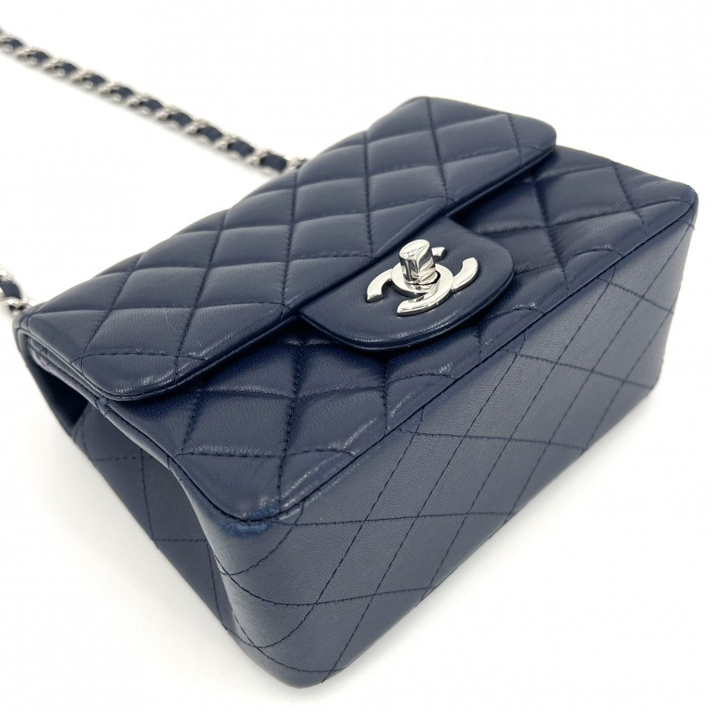 CHANEL シャネル ショルダーバッグ ミニマトラッセ ターンロック シングルチェーン シングルフラップ ココマーク ラムスキン ブルー系 シルバー金具 レディース【中古品】