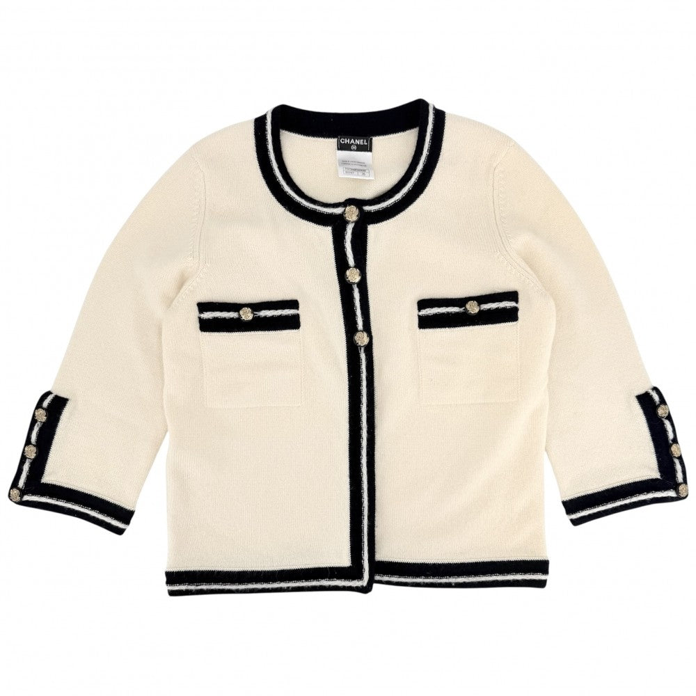 【開店SALE】 CHANEL シャネル カーディガン ニット ココマーク ココボタン ヴィンテージ アパレル 服 36 P37399K02429 ホワイト 白 ネイビー 紺 ゴールド金具 春 秋 冬 カシミヤ レディース【中古品】