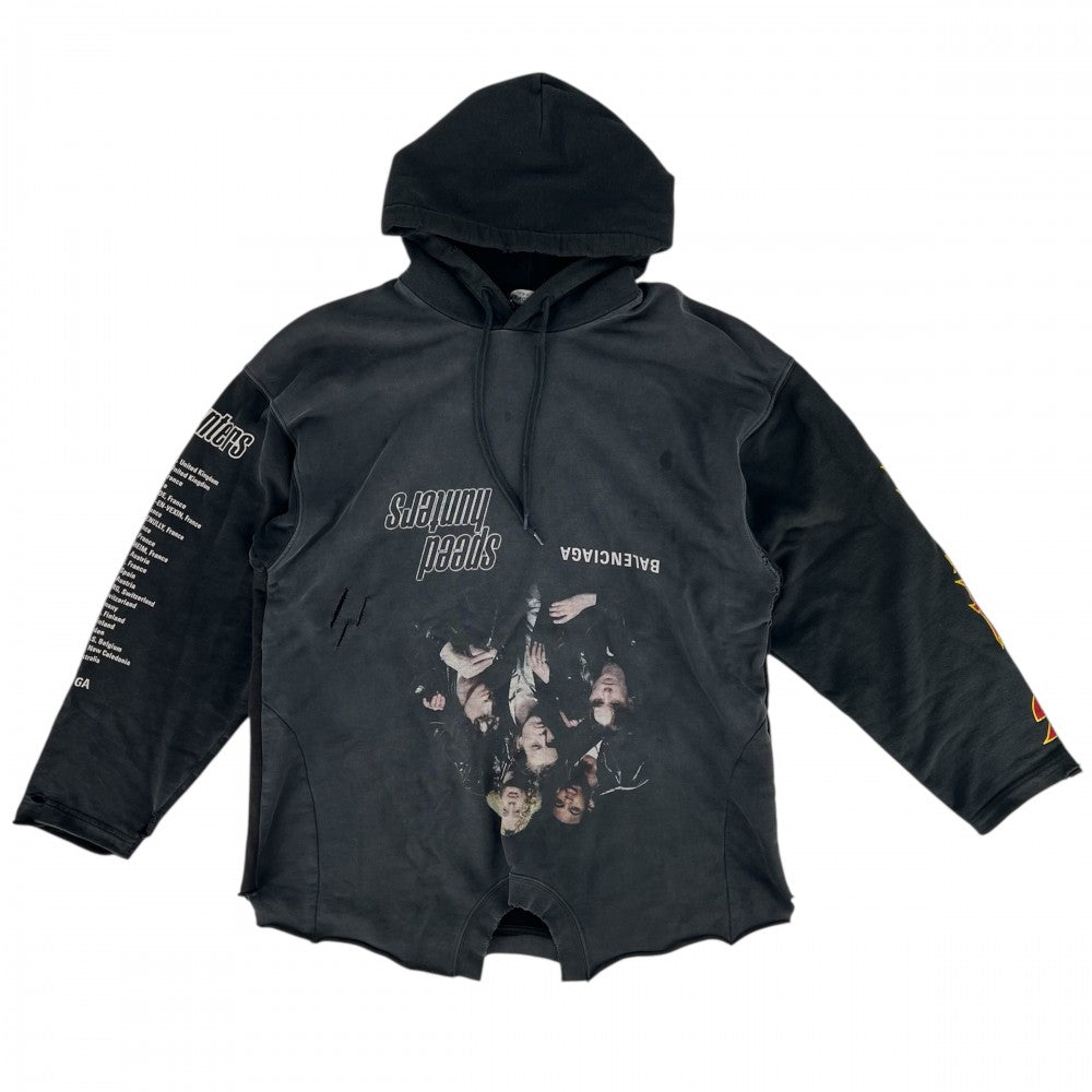 【開店SALE】 BALENCIAGA バレンシアガ パーカー プルオーバー スピードハンターズ トップス アップサイドダウンフーディ ロゴプリント 服 アパレル 698156 ブラック 黒 グレー 秋 冬 コットン メンズ【中古品】