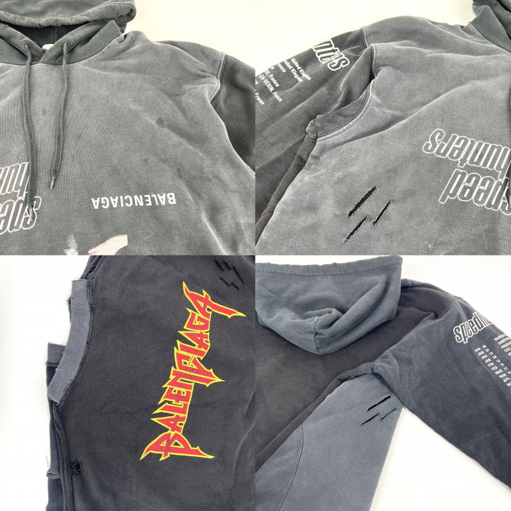 【開店SALE】 BALENCIAGA バレンシアガ パーカー プルオーバー スピードハンターズ トップス アップサイドダウンフーディ ロゴプリント 服 アパレル 698156 ブラック 黒 グレー 秋 冬 コットン メンズ【中古品】