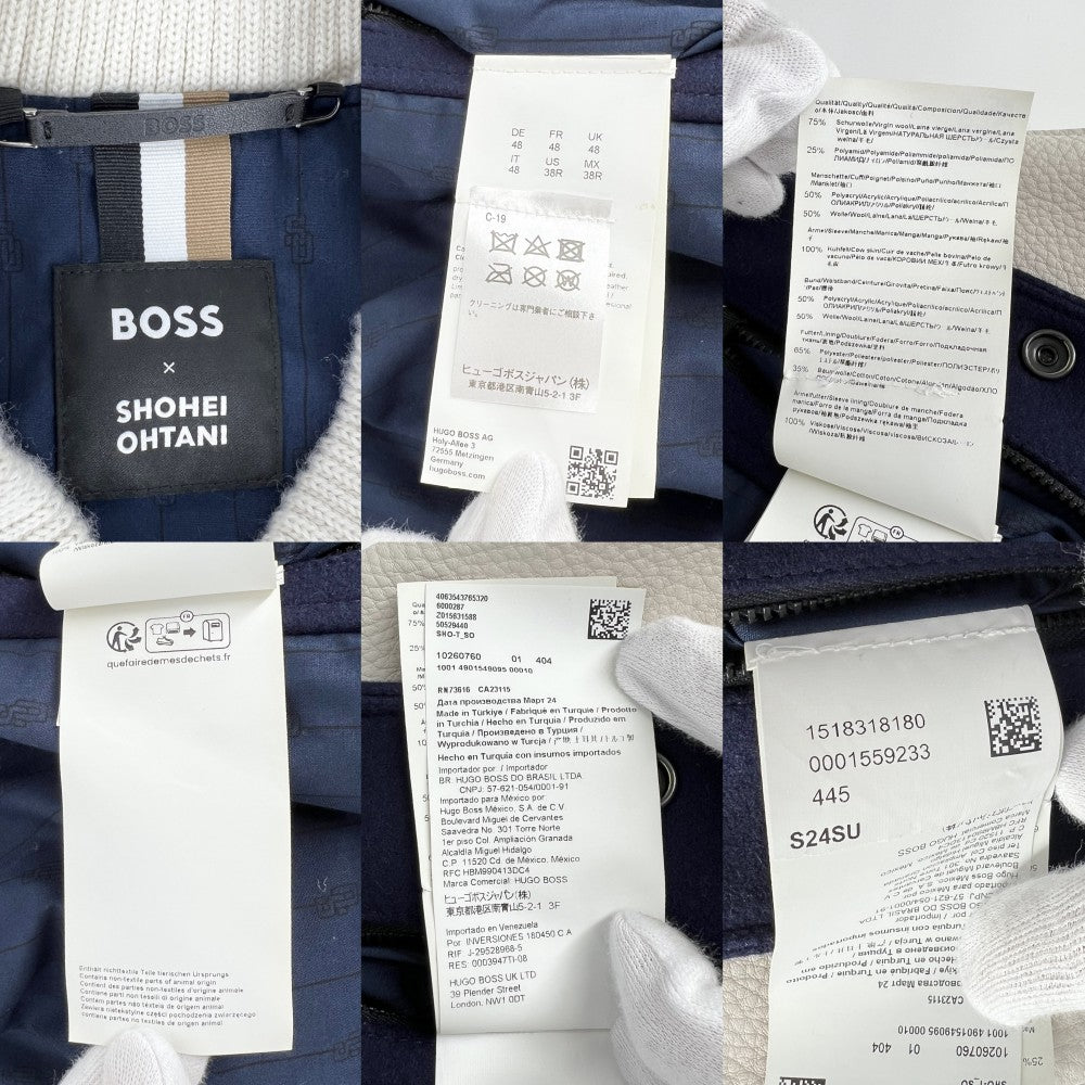 【開店SALE】 BOSS ボス ブルゾン 大谷翔平コラボ ベースボールジャケット BOSS X SHOHEI OHTANI アウター 48 10260760 ネイビー 紺 ホワイト 白 ブラック金具 秋 冬 ウール ナイロン 牛革 メンズ【中古品】