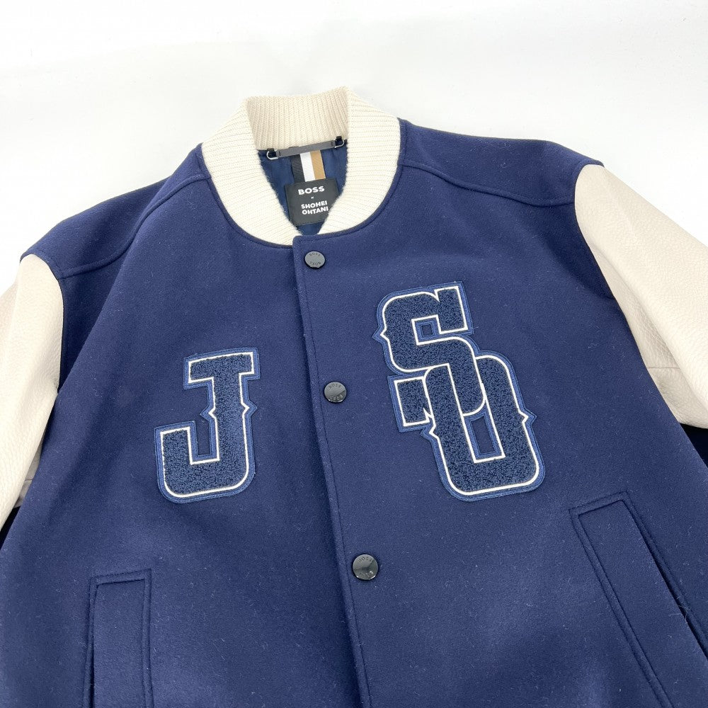 【開店SALE】 BOSS ボス ブルゾン 大谷翔平コラボ ベースボールジャケット BOSS X SHOHEI OHTANI アウター 48 10260760 ネイビー 紺 ホワイト 白 ブラック金具 秋 冬 ウール ナイロン 牛革 メンズ【中古品】