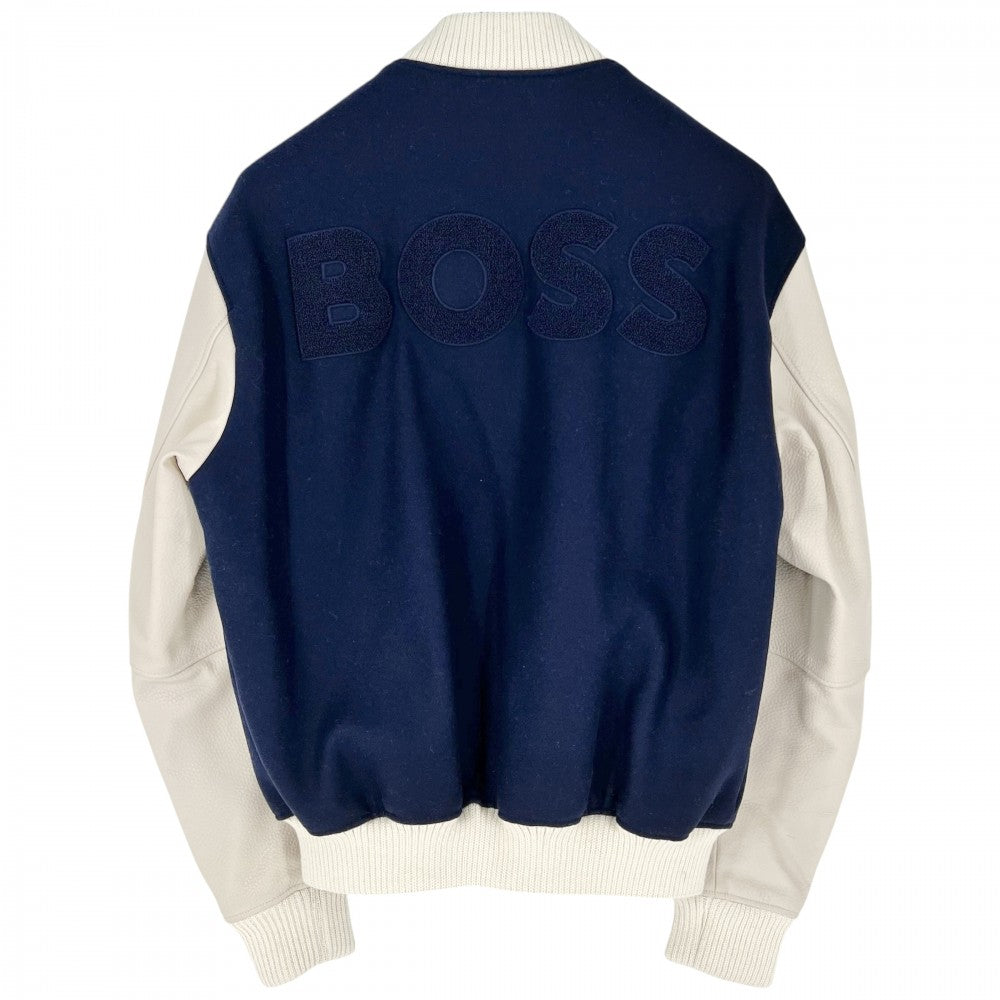 【開店SALE】 BOSS ボス ブルゾン 大谷翔平コラボ ベースボールジャケット BOSS X SHOHEI OHTANI アウター 48 10260760 ネイビー 紺 ホワイト 白 ブラック金具 秋 冬 ウール ナイロン 牛革 メンズ【中古品】