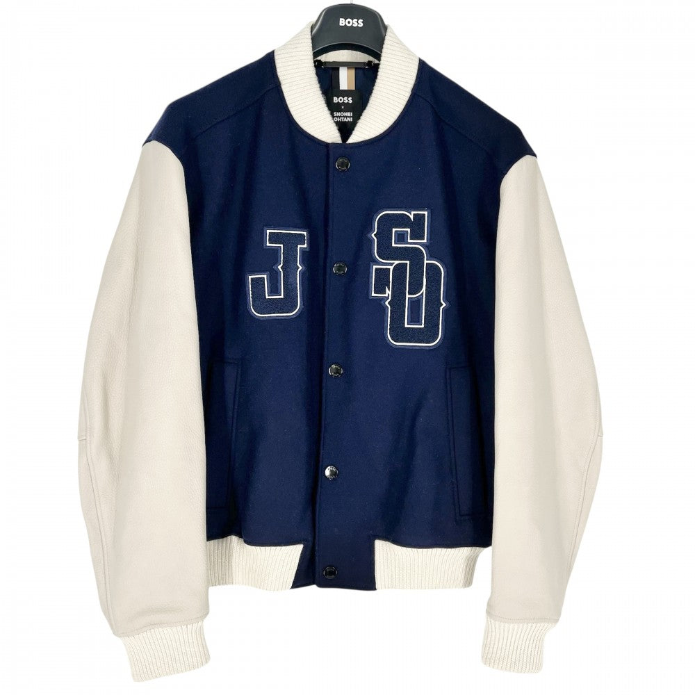【開店SALE】 BOSS ボス ブルゾン 大谷翔平コラボ ベースボールジャケット BOSS X SHOHEI OHTANI アウター 48 10260760 ネイビー 紺 ホワイト 白 ブラック金具 秋 冬 ウール ナイロン 牛革 メンズ【中古品】