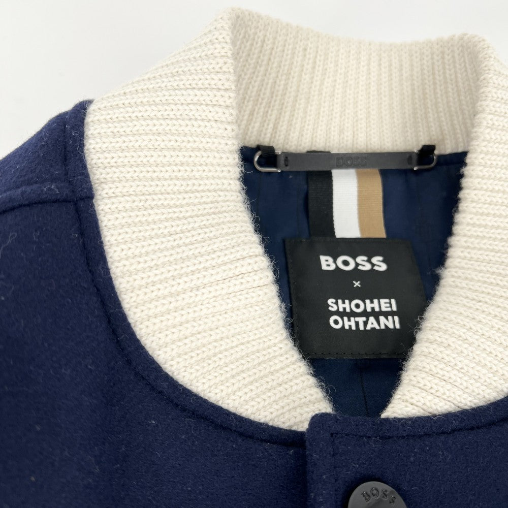 【開店SALE】 BOSS ボス ブルゾン 大谷翔平コラボ ベースボールジャケット BOSS X SHOHEI OHTANI アウター 48 10260760 ネイビー 紺 ホワイト 白 ブラック金具 秋 冬 ウール ナイロン 牛革 メンズ【中古品】