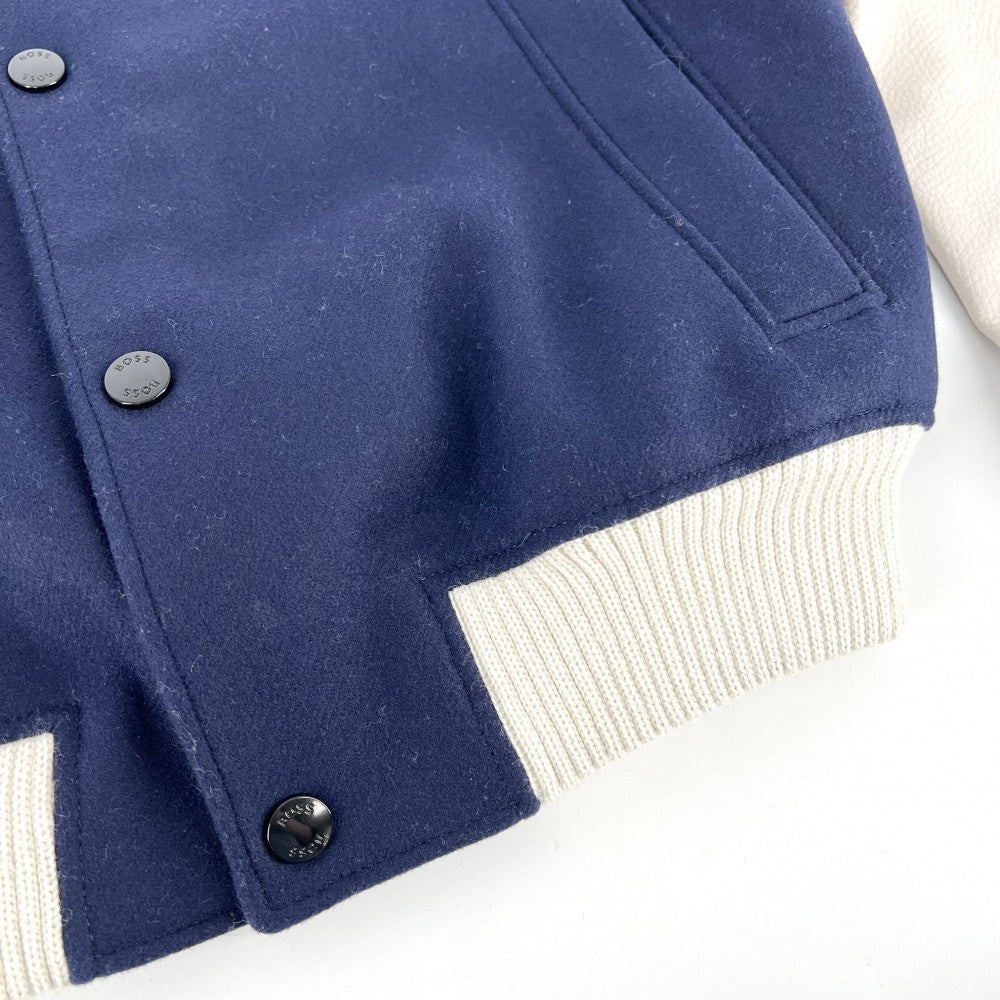 【開店SALE】 BOSS ボス ブルゾン 大谷翔平コラボ ベースボールジャケット BOSS X SHOHEI OHTANI アウター 48 10260760 ネイビー 紺 ホワイト 白 ブラック金具 秋 冬 ウール ナイロン 牛革 メンズ【中古品】
