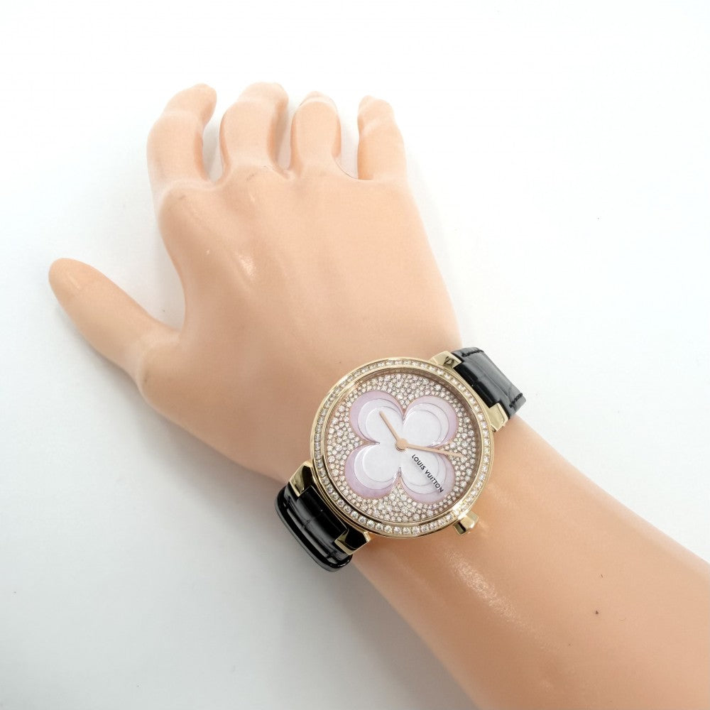 【開店SALE】 LOUIS VUITTON ルイヴィトン 腕時計 タンブール スリム カラーブロッサム TAMBOUR SLIM COLOR BLOSSOM シェル文字盤 K18PG 18金 PM Q1K0B クオーツ K18ピンクゴールド レザー ダイヤモンド ピンク オレンジ ゴールド金具 レディース【中古品】