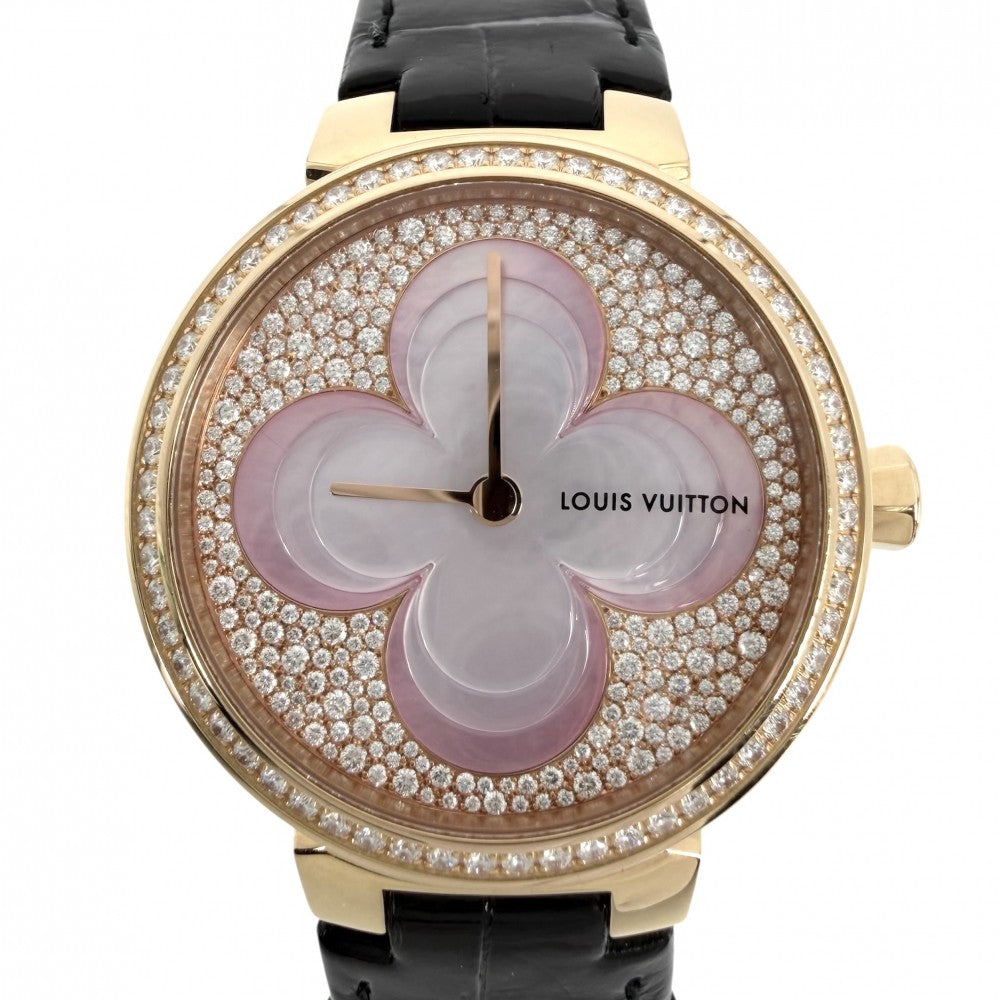 【開店SALE】 LOUIS VUITTON ルイヴィトン 腕時計 タンブール スリム カラーブロッサム TAMBOUR SLIM COLOR BLOSSOM シェル文字盤 K18PG 18金 PM Q1K0B クオーツ K18ピンクゴールド レザー ダイヤモンド ピンク オレンジ ゴールド金具 レディース【中古品】