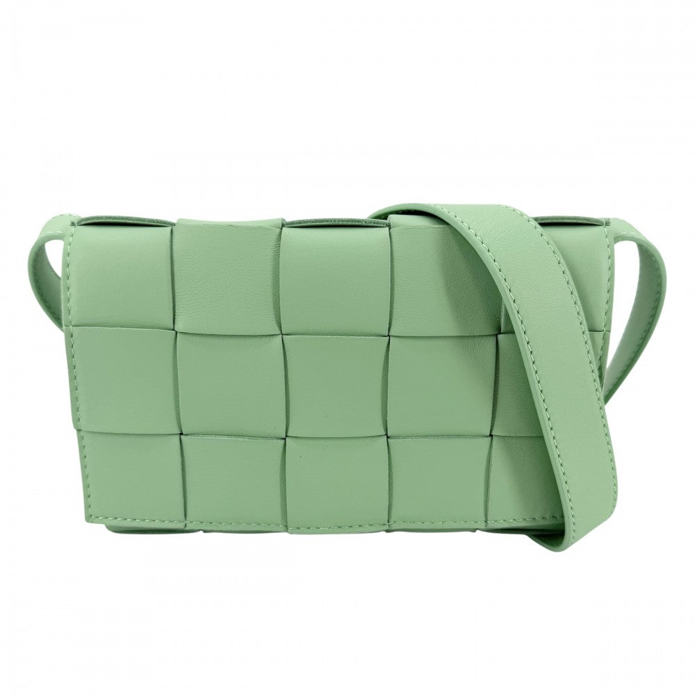 【開店SALE】 BOTTEGAVENETA ボッテガヴェネタ ショルダーバッグ マキシイントレチャート スモールカセット クロスボディバッグ ミニバッグ 730848 ラムスキン ライトグリーン ゴールド金具 レディース【中古品】