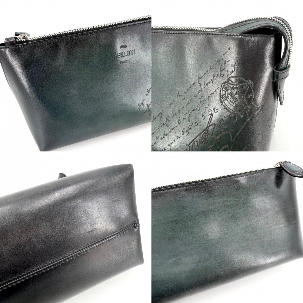 【開店SALE】 Berluti ベルルッティ クラッチバッグ アイビースクリットスワイプ セカンドバッグ ポーチ レザー グリーン 緑 シルバー金具 メンズ【中古品】