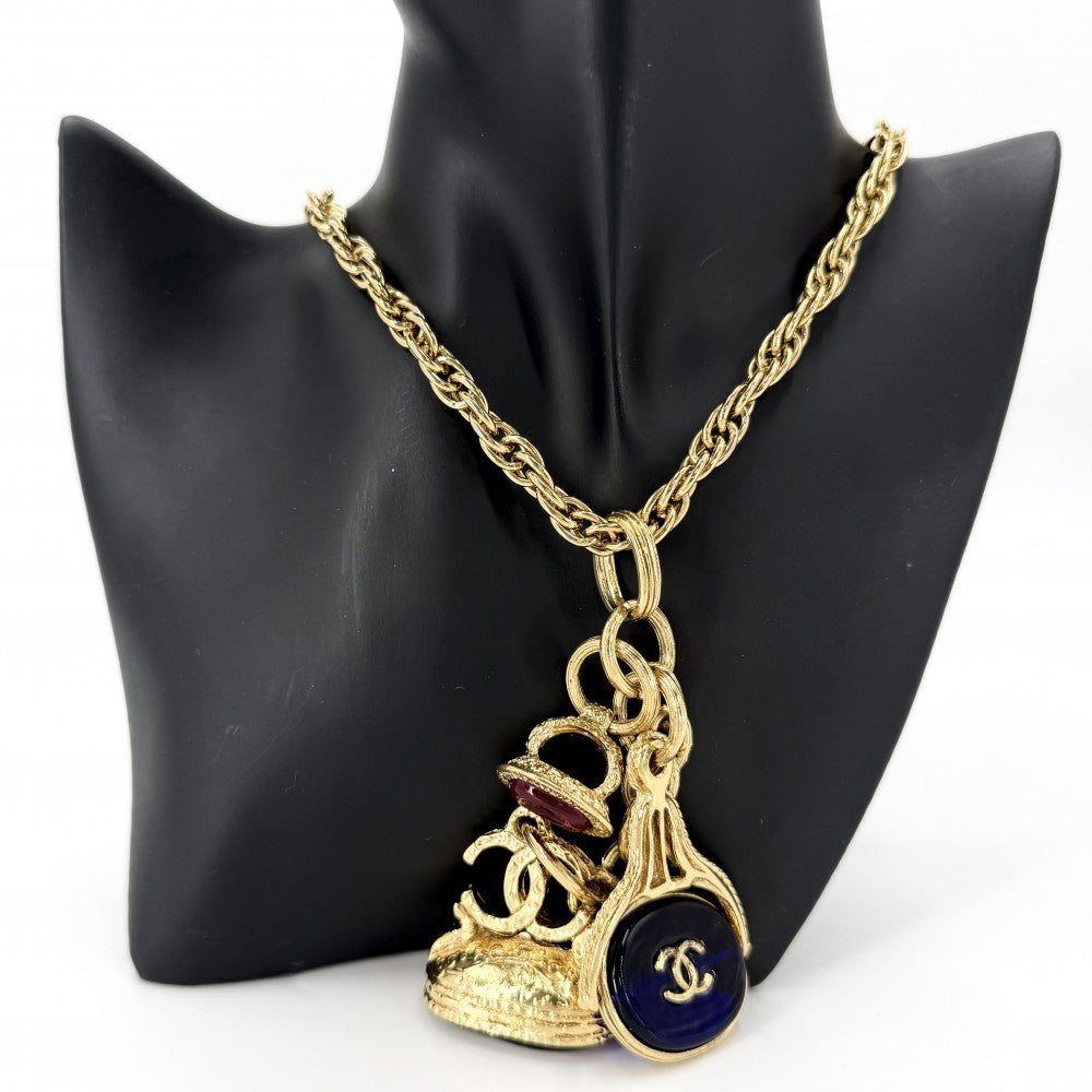 CHANEL シャネル ネックレス グリポア ココマーク ロングネックレス アクセサリー 希少 GP カラーストーン 93A ゴールド ブルー 青 レディース 約129.3g 1993年【中古品】