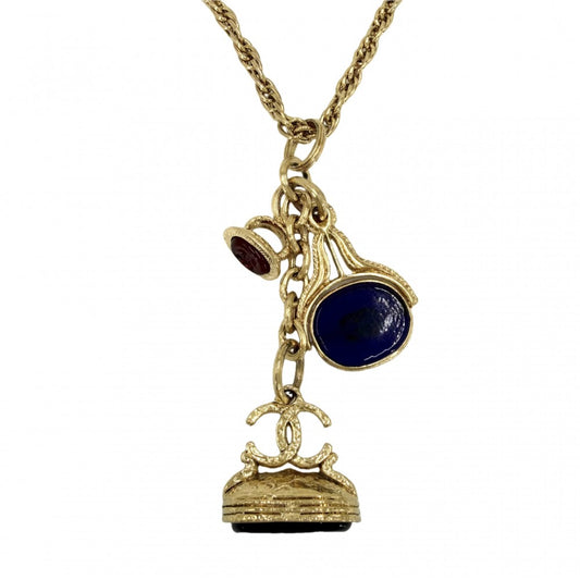 CHANEL シャネル ネックレス グリポア ココマーク ロングネックレス アクセサリー 希少 GP カラーストーン 93A ゴールド ブルー 青 レディース 約129.3g 1993年【中古品】