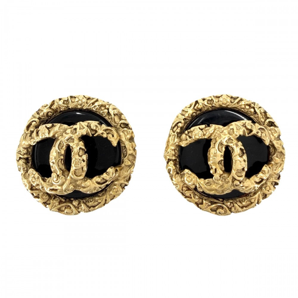 【開店SALE】 CHANEL シャネル イヤリング ラウンド アクセサリー ヴィンテージ ココマーク マグマ GP カラーストーン 93A ゴールド ブラック 黒 レディース 約27.4g 1993年【中古品】