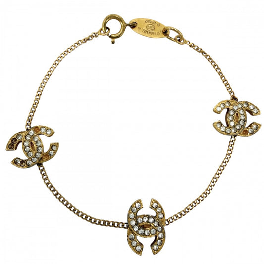 【開店SALE】 CHANEL シャネル ブレスレット アクセサリー トリプル ココマーク ココ ゴールド GP ラインストーン レディース 約4.8g 1982年【中古品】