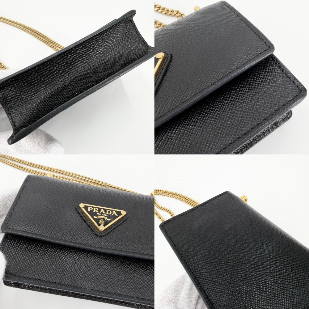 【開店SALE】 PRADA プラダ ショルダーバッグ サフィアーノ チェーンショルダー ミニバッグ カードケース 三角ロゴ 1BC167 レザー ブラック 黒 ゴールド金具 レディース【中古品】