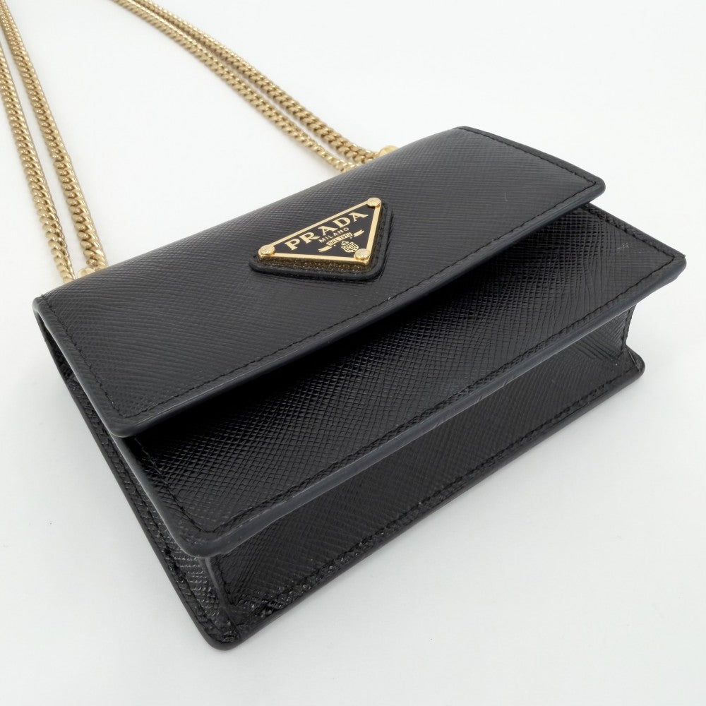【開店SALE】 PRADA プラダ ショルダーバッグ サフィアーノ チェーンショルダー ミニバッグ カードケース 三角ロゴ 1BC167 レザー ブラック 黒 ゴールド金具 レディース【中古品】