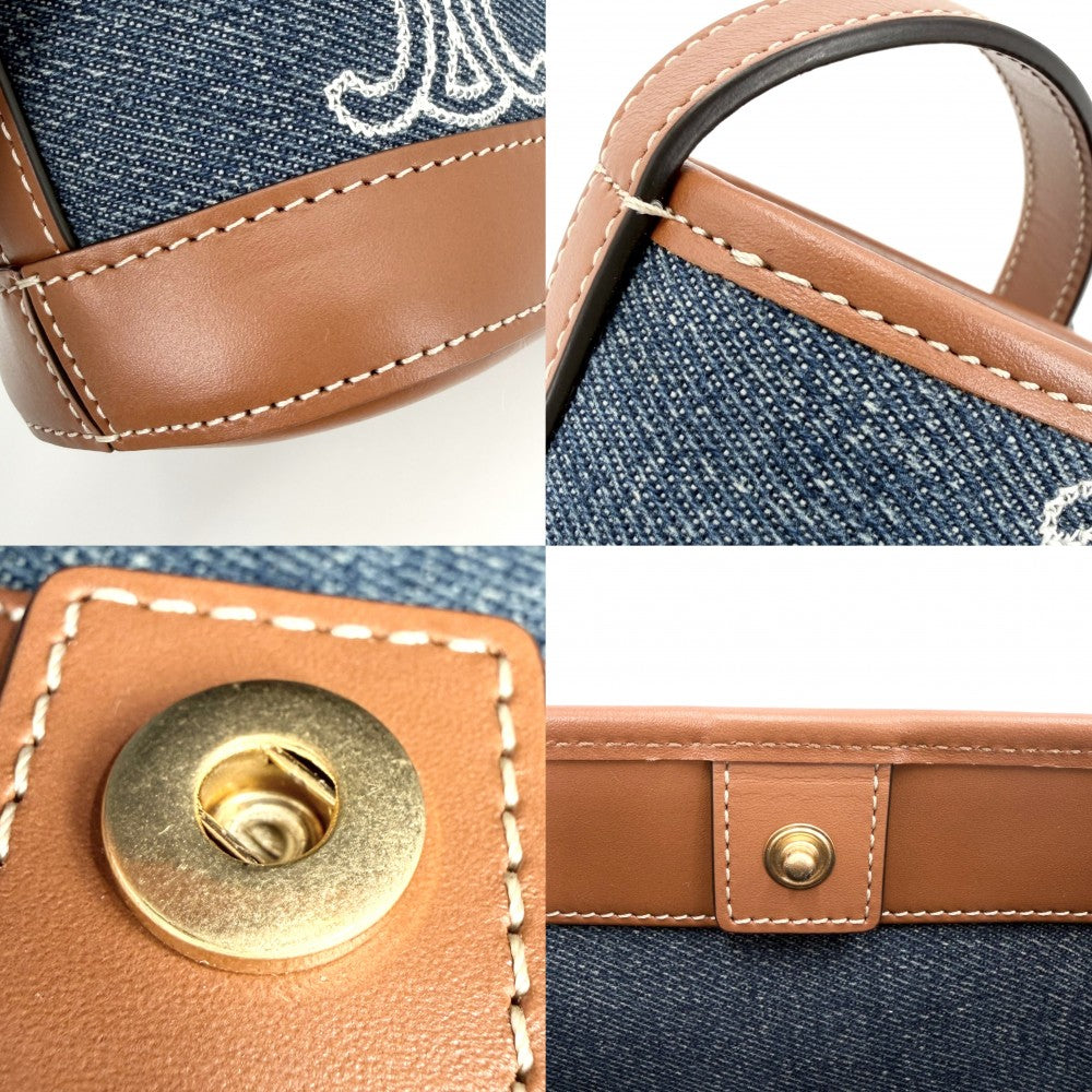 CELINE セリーヌ ショルダーバッグ トリオンフ ミニバケット キュイル デニム カーフレザー インディゴ ブラウン 茶 ゴールド金具 レディース【中古品】