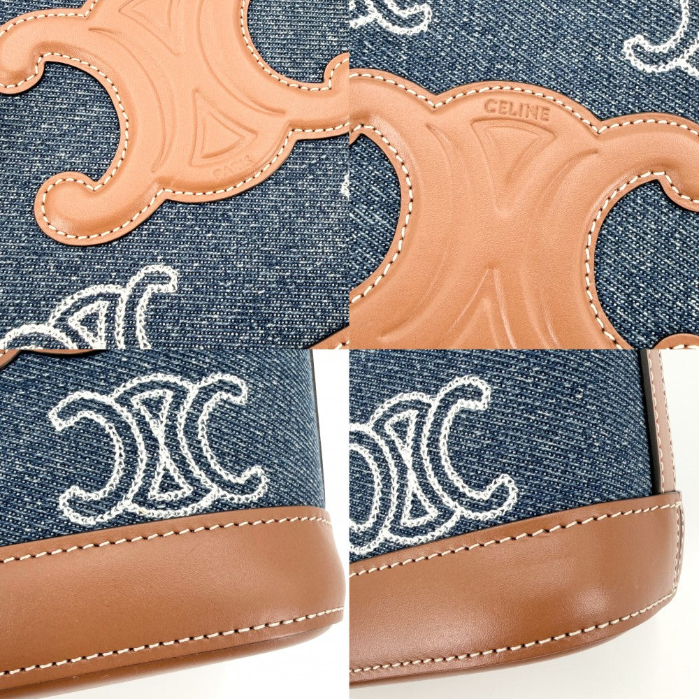 CELINE セリーヌ ショルダーバッグ トリオンフ ミニバケット キュイル デニム カーフレザー インディゴ ブラウン 茶 ゴールド金具 レディース【中古品】
