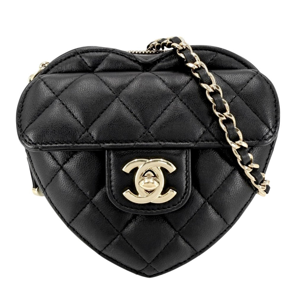 CHANEL シャネル ショルダーバッグ ミニチェーンショルダーバッグ マトラッセ ポシェット コインケース ハートモチーフ ラムスキン ブラック 黒 ゴールド金具 レディース【中古品】