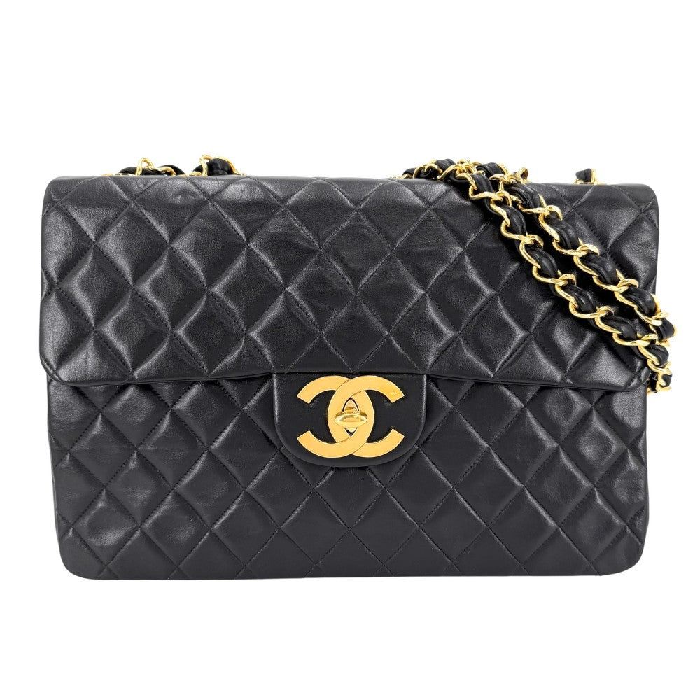 CHANEL シャネル ショルダーバッグ デカマトラッセ34 ココマーク ダブルチェーン ターンロック ラムスキン ブラック 黒 ゴールド金具 レディース【中古品】