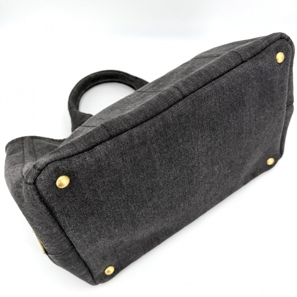PRADA プラダ ハンドバッグ カナパ デニム トートバッグ トライアングルロゴ 2WAY ショルダーバッグ 1BG642 コットン ブラック 黒 ゴールド金具 レディース【中古品】