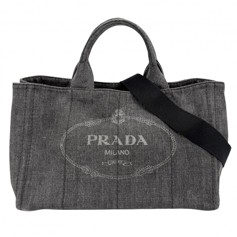 PRADA プラダ ハンドバッグ カナパ デニム トートバッグ トライアングルロゴ 2WAY ショルダーバッグ 1BG642 コットン ブラック 黒 ゴールド金具 レディース【中古品】