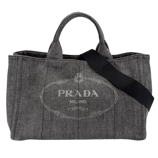 PRADA プラダ ハンドバッグ カナパ デニム トートバッグ トライアングルロゴ 2WAY ショルダーバッグ 1BG642 コットン ブラック 黒 ゴールド金具 レディース【中古品】