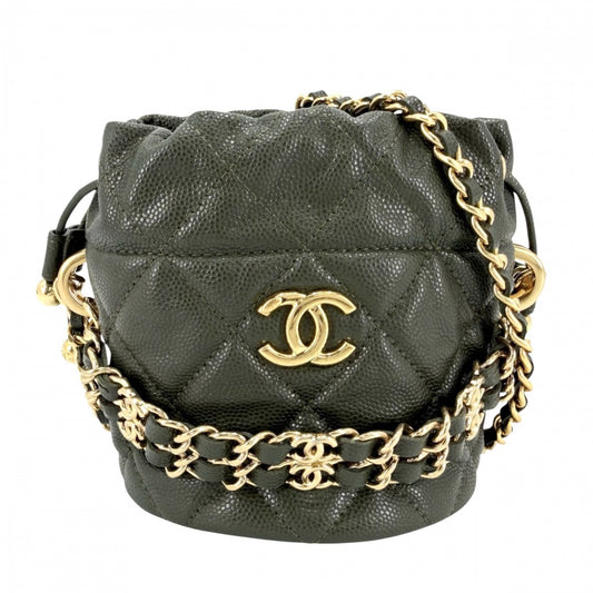 CHANEL シャネル ショルダーバッグ マトラッセ 巾着 ミニバッグ チェーンショルダー ポシェット 小さめ ココマーク キャビアスキン カーキ ゴールド金具 レディース【中古品】