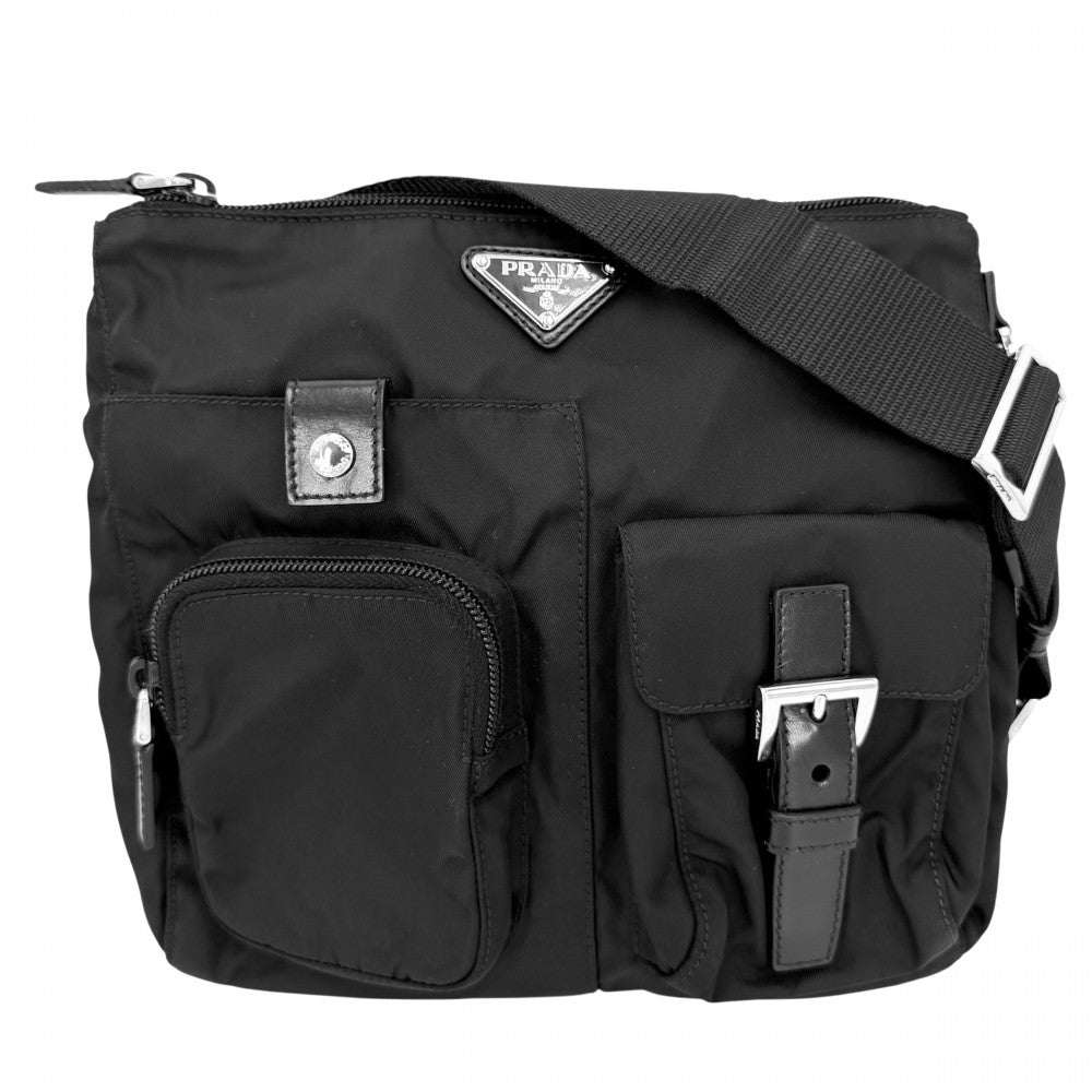 PRADA プラダ ウエストバッグ トライアングルロゴ ウエストポーチ ボディバッグ メンズ レディース BM0011 ナイロン レザー ブラック 黒 シルバー金具 ユニセックス【中古品】