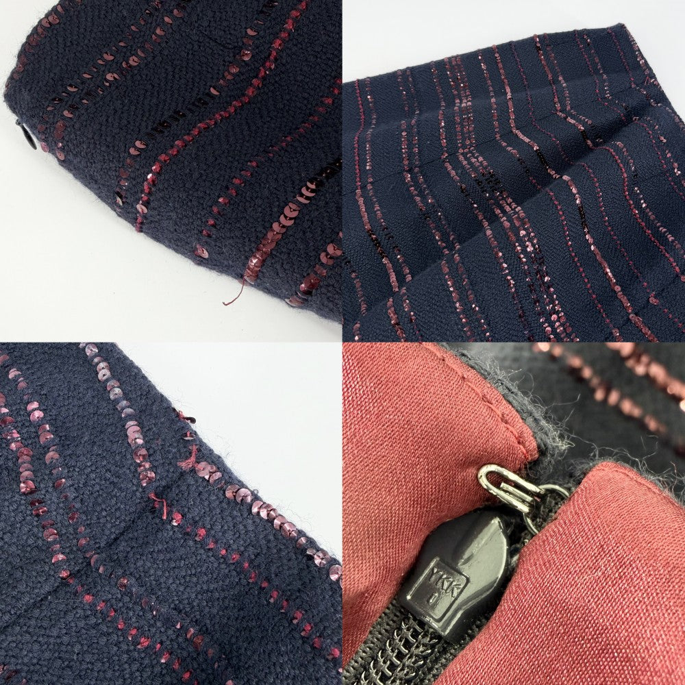 【開店SALE】 CHANEL シャネル セットアップ ツイード スパンコール ジャケット スカート ヴィンテージ アパレル 服 ココマーク 38 P16208V08885 ネイビー 紺 レッド 赤 ブラック金具 春 秋 ウール ビニロン コットン レディース【中古品】