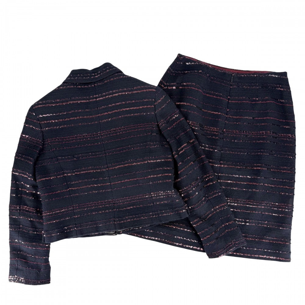 【開店SALE】 CHANEL シャネル セットアップ ツイード スパンコール ジャケット スカート ヴィンテージ アパレル 服 ココマーク 38 P16208V08885 ネイビー 紺 レッド 赤 ブラック金具 春 秋 ウール ビニロン コットン レディース【中古品】