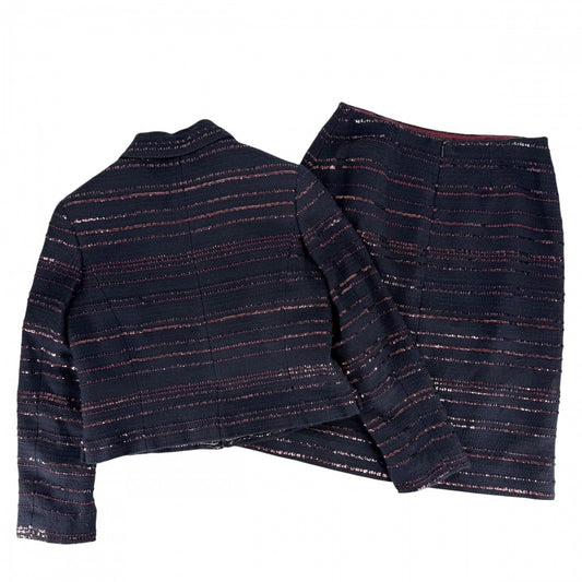 【開店SALE】 CHANEL シャネル セットアップ ツイード スパンコール ジャケット スカート ヴィンテージ アパレル 服 ココマーク 38 P16208V08885 ネイビー 紺 レッド 赤 ブラック金具 春 秋 ウール ビニロン コットン レディース【中古品】
