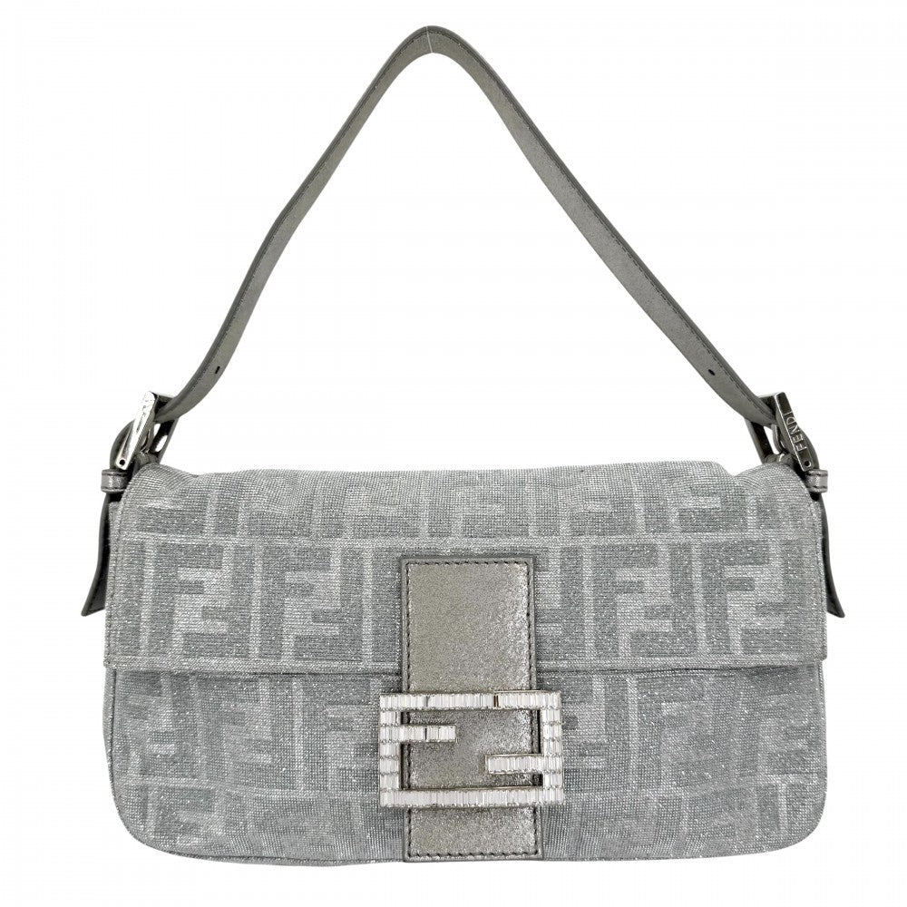 【開店SALE】 FENDI フェンディ ショルダーバッグ ズッカ マンマバケット セミショルダーバッグ ラメ ミラー付き 8BR600 キャンバス レザー ラインストーン シルバー シルバー金具 レディース【中古品】