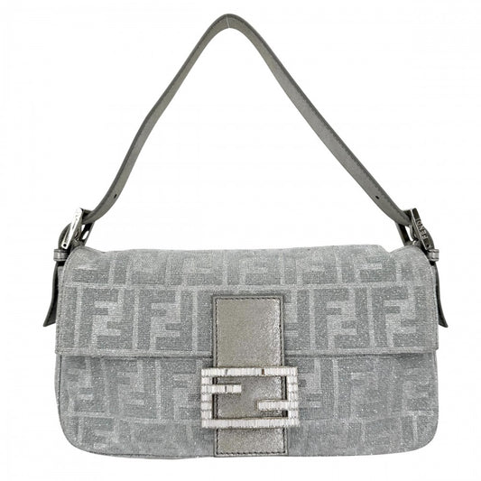 【開店SALE】 FENDI フェンディ ショルダーバッグ ズッカ マンマバケット セミショルダーバッグ ラメ ミラー付き 8BR600 キャンバス レザー ラインストーン シルバー シルバー金具 レディース【中古品】