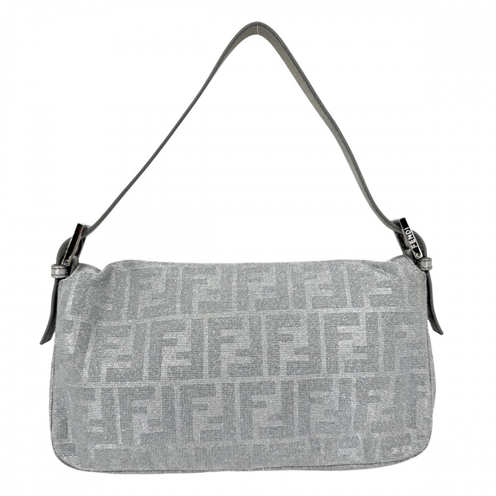 【開店SALE】 FENDI フェンディ ショルダーバッグ ズッカ マンマバケット セミショルダーバッグ ラメ ミラー付き 8BR600 キャンバス レザー ラインストーン シルバー シルバー金具 レディース【中古品】