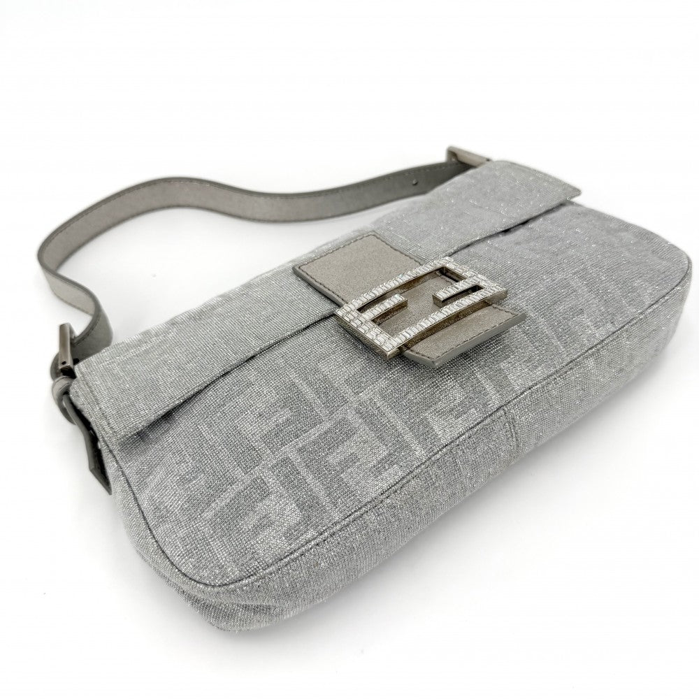 【開店SALE】 FENDI フェンディ ショルダーバッグ ズッカ マンマバケット セミショルダーバッグ ラメ ミラー付き 8BR600 キャンバス レザー ラインストーン シルバー シルバー金具 レディース【中古品】