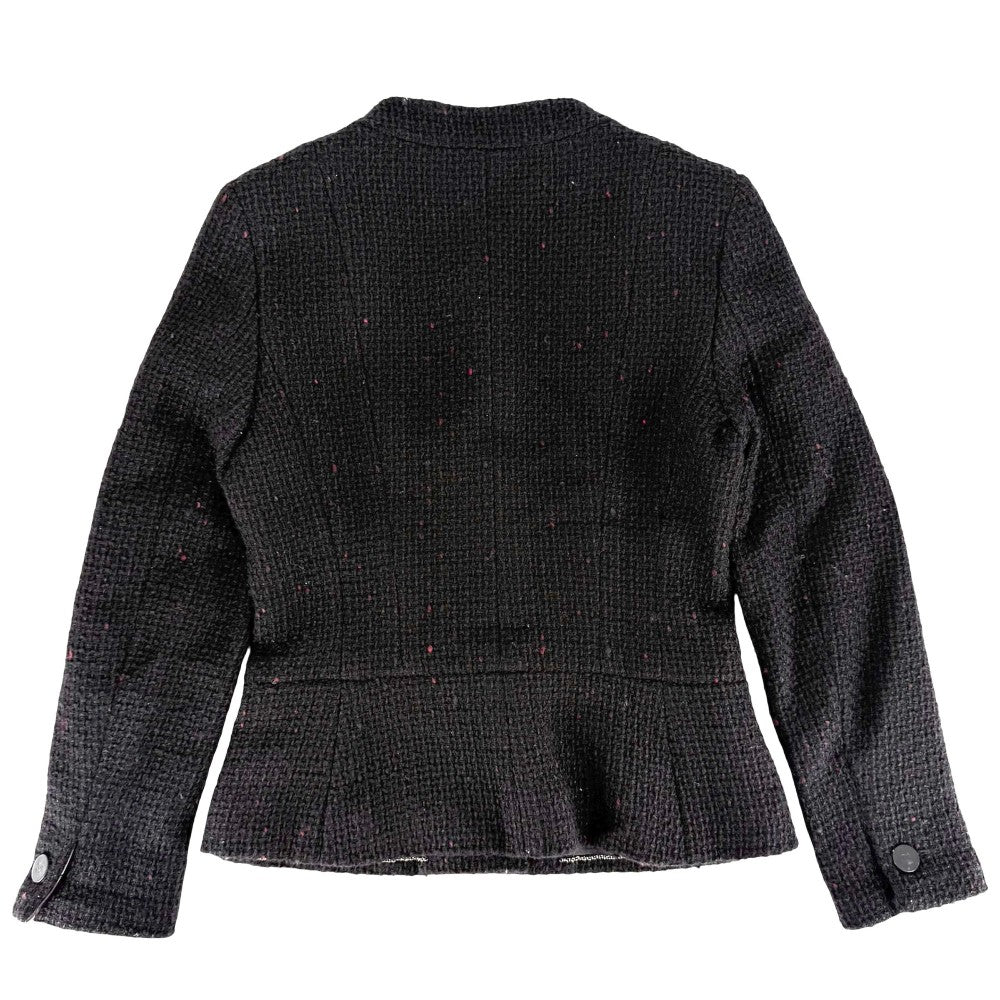 CHANEL シャネル ノーカラージャケット ココマーク ツイード ココボタン アパレル アウター 服 36 ブラック 黒 バーガンディ シルバー金具 ウール アクリル レーヨン ナイロン レディース 2001年【中古品】