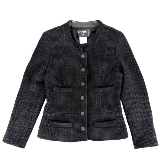 CHANEL シャネル ノーカラージャケット ココマーク ツイード ココボタン アパレル アウター 服 36 ブラック 黒 バーガンディ シルバー金具 ウール アクリル レーヨン ナイロン レディース 2001年【中古品】
