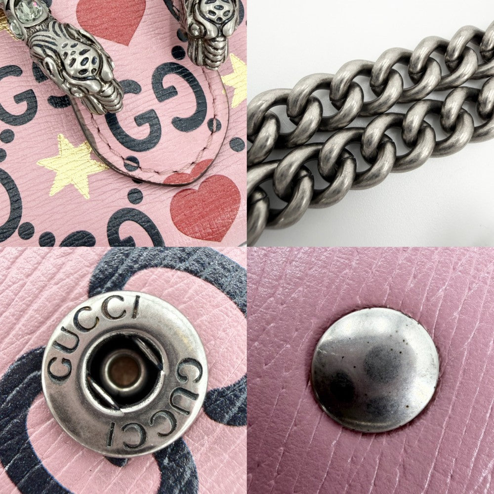 GUCCI グッチ ショルダーバッグ ディオニュソス タイガーヘッド ハート チェーンショルダー スター 401231 レザー ピンク レッド 赤 シルバー金具 レディース【中古品】
